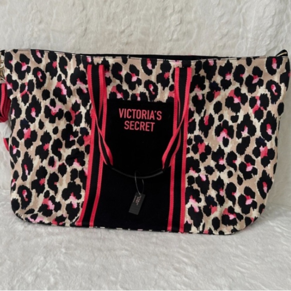 Victoria's Secret Black and Pink Tote Bag with Bold Design